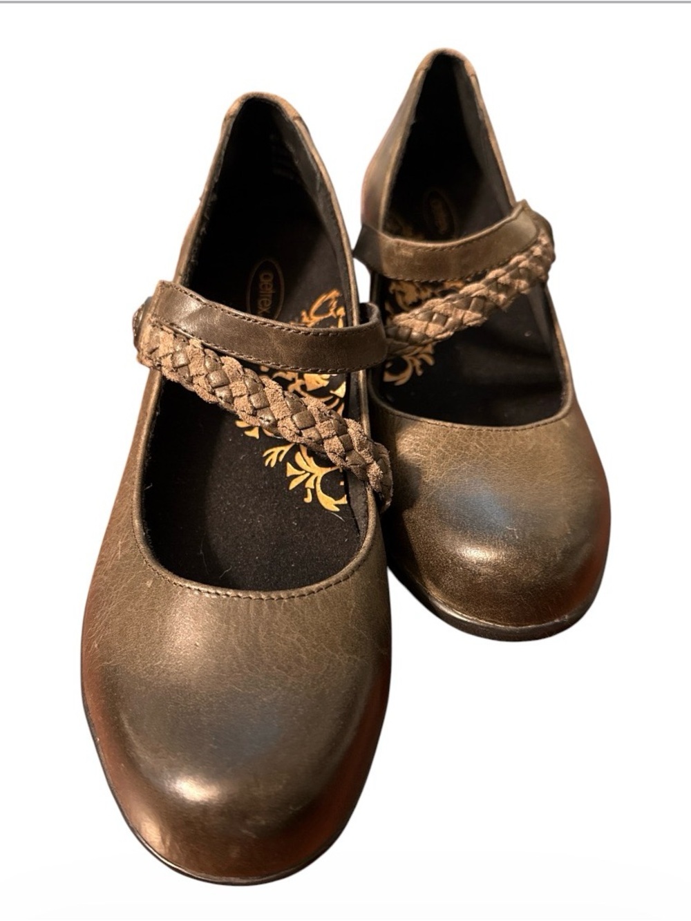 Aetrex Braided Brown Leather Mary Jane Wedge Comfort Shoes Women’s Size 10